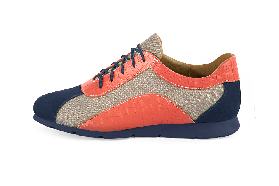 Navy blue and coral orange women's three-tone elegant sneakers. Round toe. Flat rubber soles. Profile view - Florence KOOIJMAN